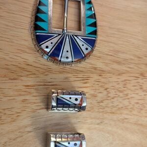 Sterling Silver and Gem Inlay Geometric Women's Belt Buckle